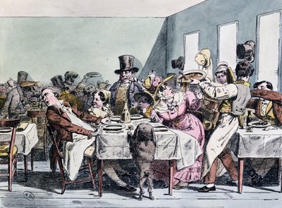 Esperienza deliziosa di una famiglia in un ristorante affollato, c.1860 da Henri Bonaventure Monnier